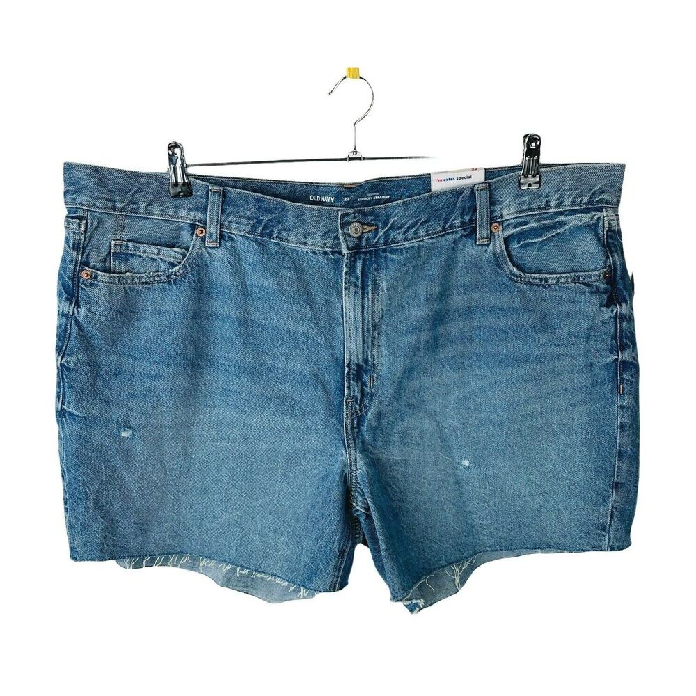 New Old Navy Womans Sz 22 Shorts High Rise Slouchy Straight Denim Blue Raw Hem